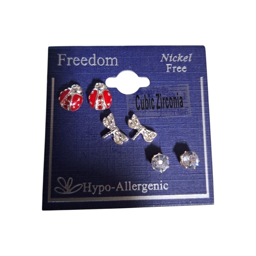 Freedom Hypo-Allergenic Earring Set - Red Ladybug, Silver Dragon Fly, Clear CZ